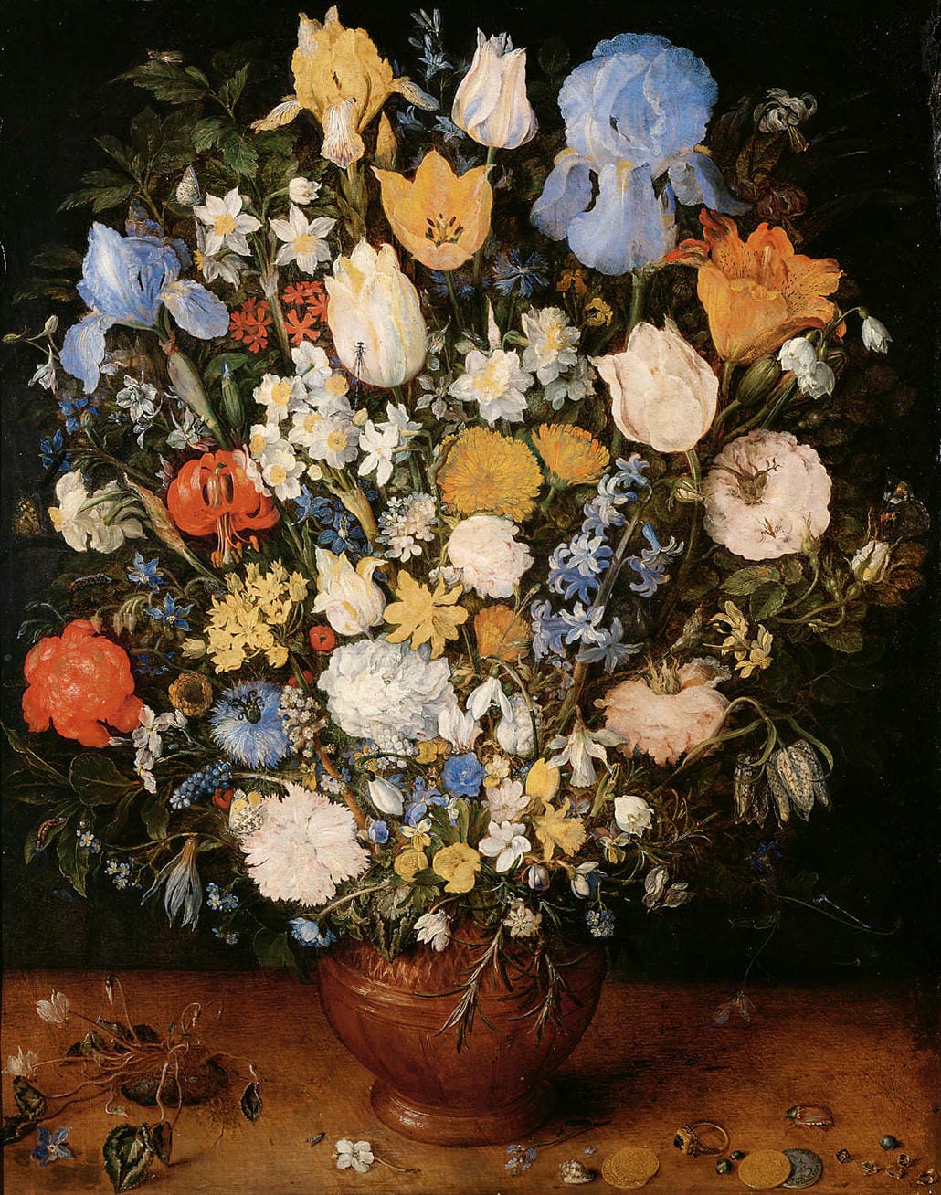 Jan Brueghel the Elder (1568–1625), Bouquet (1599). Một trong những ví dụ đầu tiên về tranh tĩnh vật là những bức tranh về hoa của các họa sĩ thời Phục hưng Hà Lan. Tranh tĩnh vật (bao gồm vanitas), như một thể loại cụ thể, đã đạt được tầm quan trọng lớn nhất trong Thời kỳ hoàng kim của nghệ thuật Hà Lan (khoảng thập niên 1500–1600).