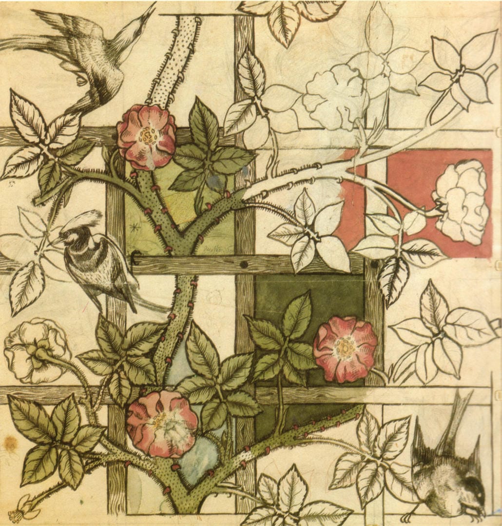 Phong cách thiết kế Art & Crafts với họa tiết Tudor rose, thể hiện tính thẩm mỹ và thủ công trong nội thất