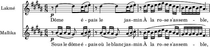 Trong bản song ca Flower Duet từ vở opera Lakmé của Léo Delibes, hai nhân vật nữ chính hát về vẻ đẹp của hoa và thiên nhiên, trở thành biểu tượng cho sự hài hòa với tình yêu thiên nhiên.